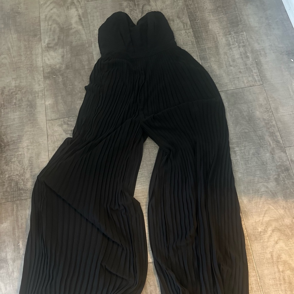 New without tags black chiffon wide leg pleated jumpsuit. Strapless